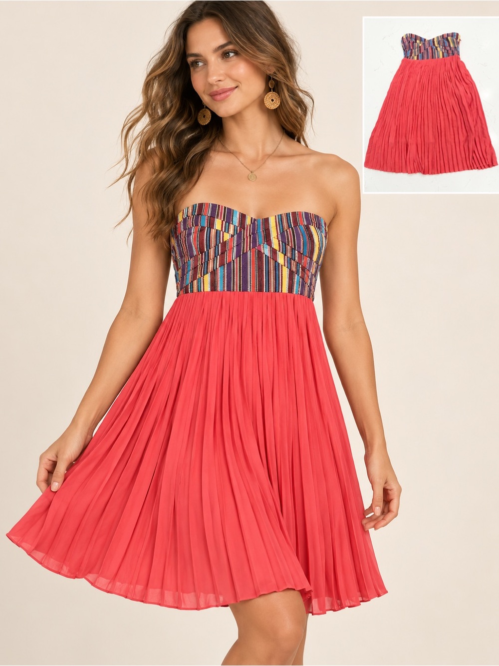 Sabine Coral Pleated Dress with Multicolor Striped Bust Boho Coastal Cowgirl